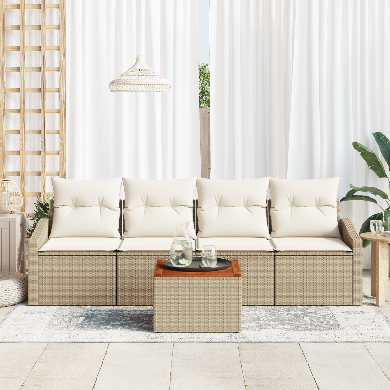 vidaXL Tuin Sofa Set 5 pcs Beige, wit 55 x 55 x 37 cm Riet, Hout