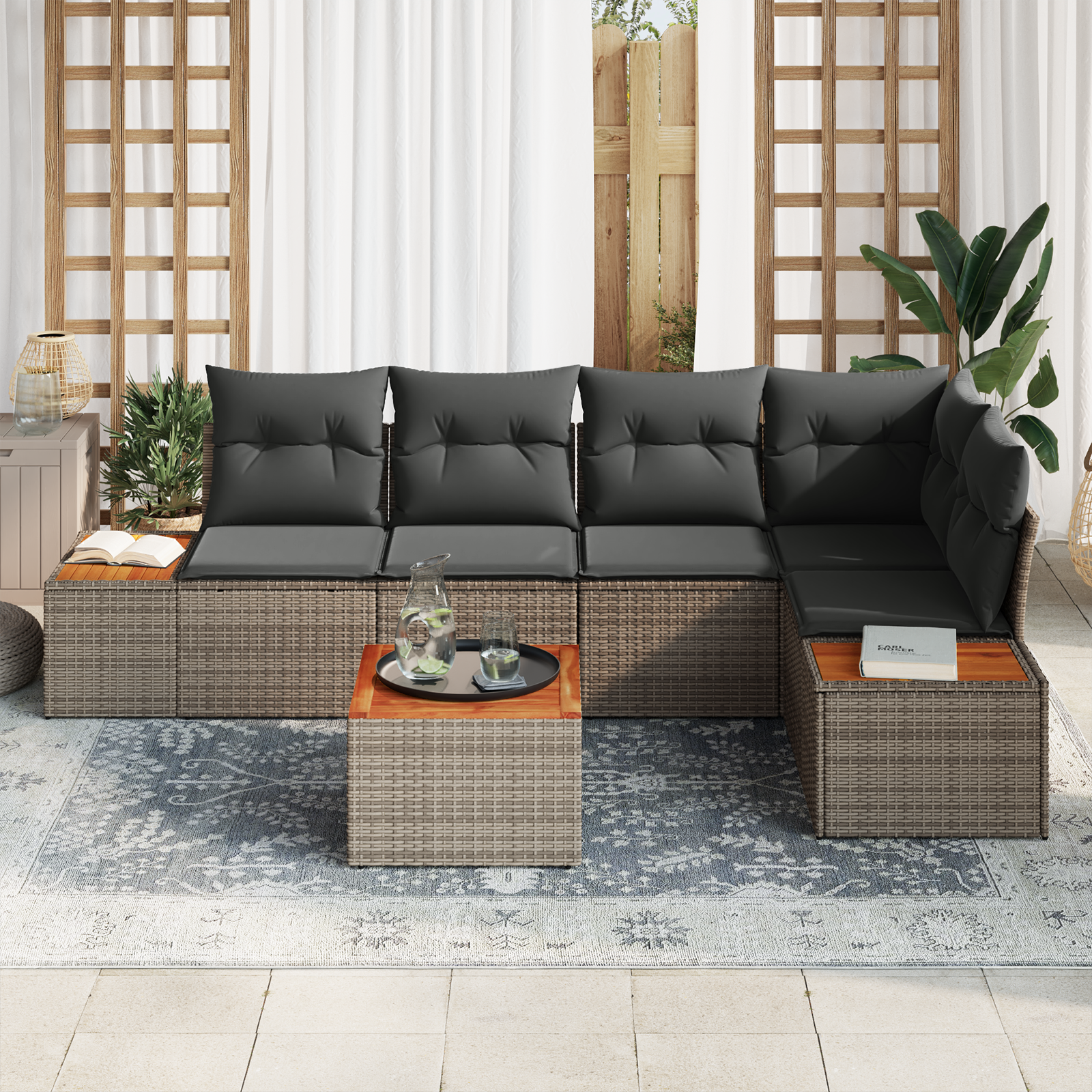 vidaXL 6-delige tuinsofa set met kussens grijs poly rattan en acaciahout