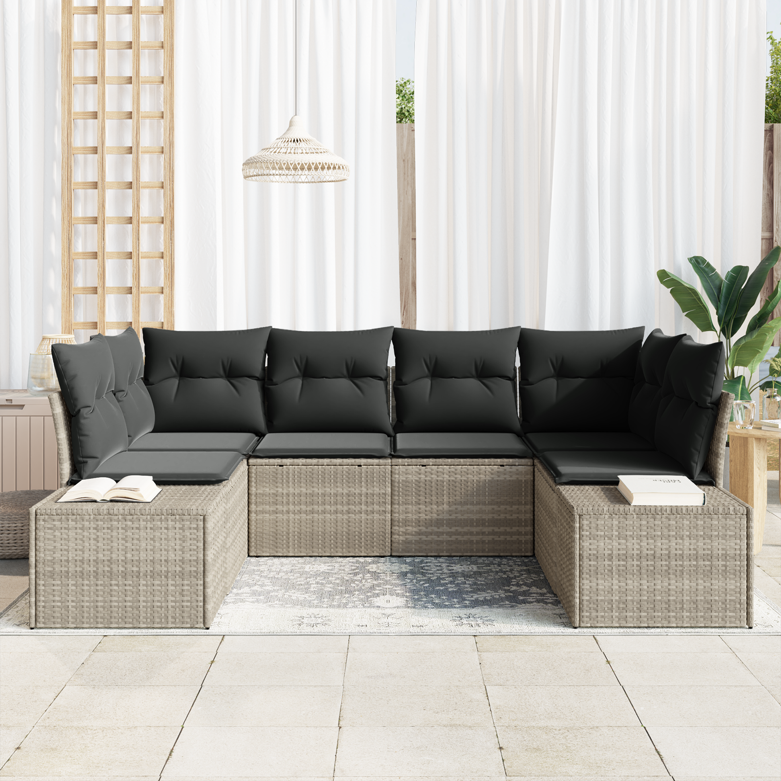vidaXL 6-delige tuinset met kussens in lichtgrijs poly rattan