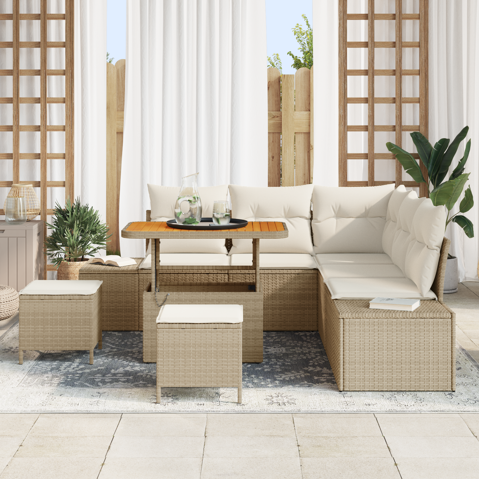 vidaXL 8-delige tuinsofa set met kussens in beige poly riet en acacia.