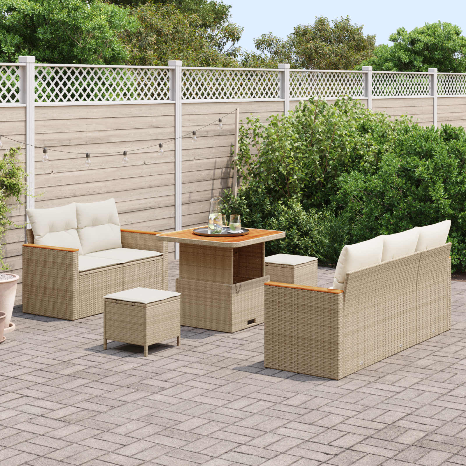 vidaXL 8-delige tuinset met kussens in beige poly rattan en acacia