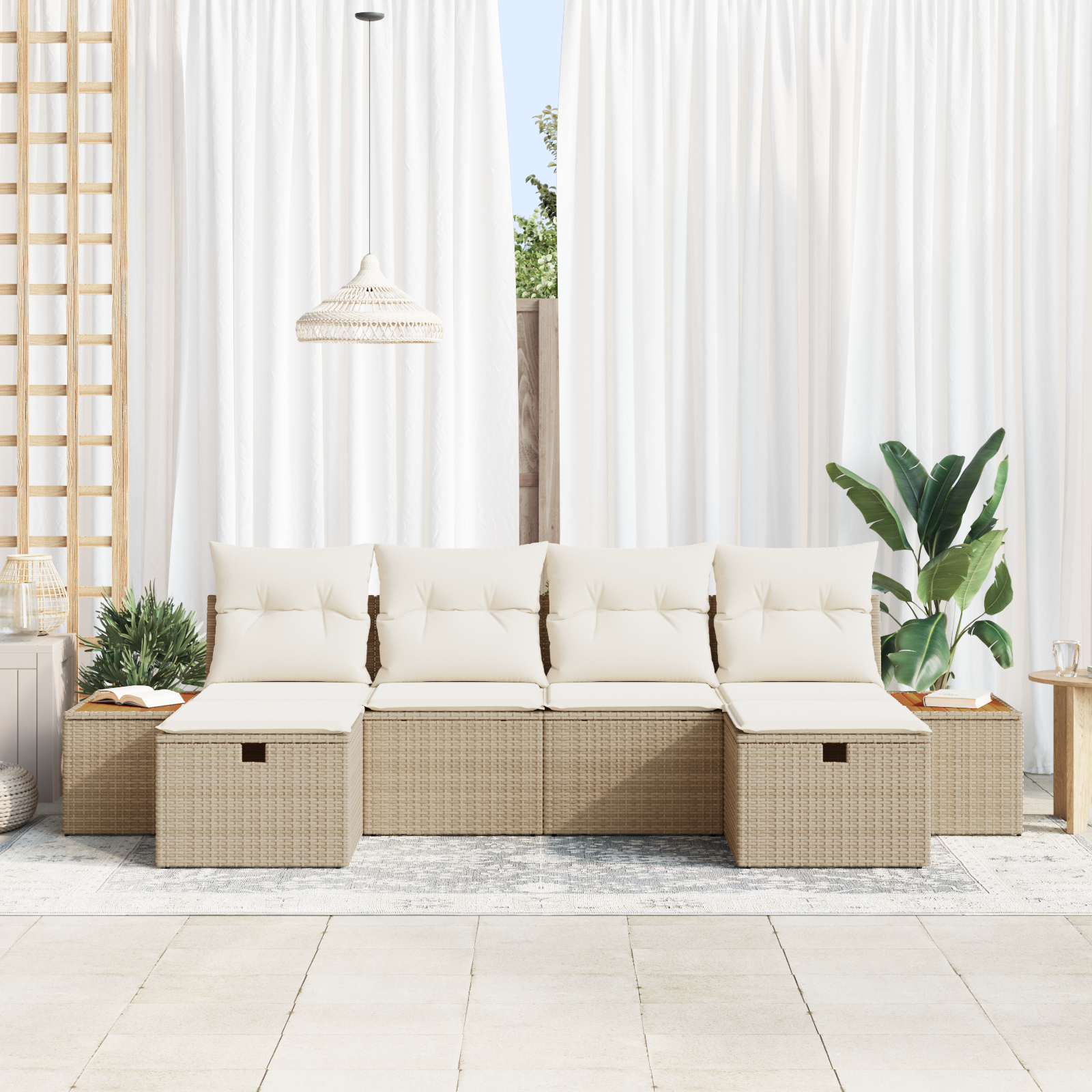 vidaXL 6-delige Tuinbankenset met kussens poly rattan beige