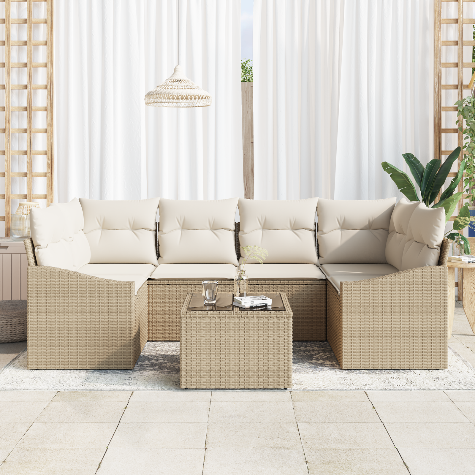vidaXL 7-delige tuinset met kussens in beige poly riet