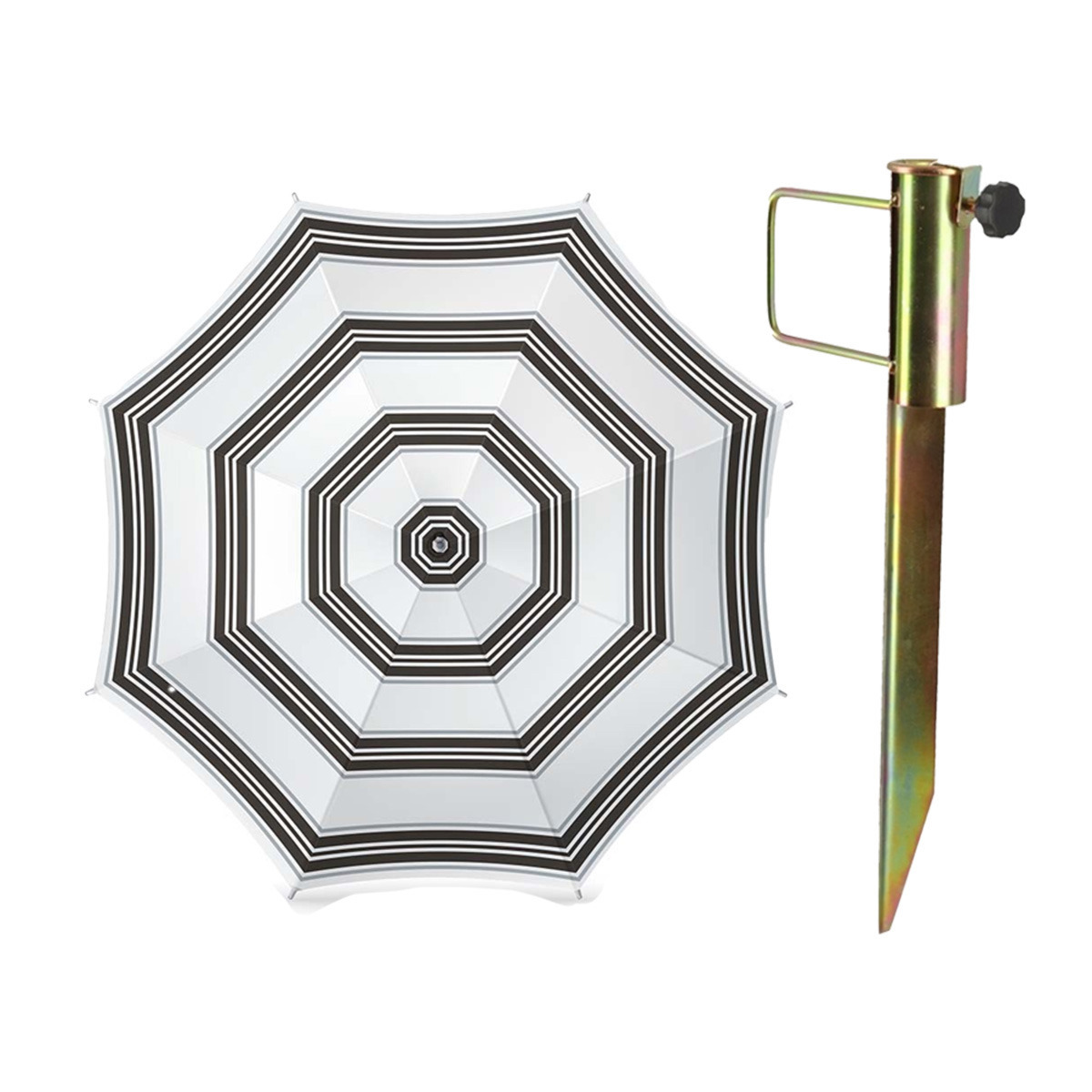 Merkloos Parasol met metalen grondharing - wit/zwart strepen- polyester - Dia 180 cm - verstelbaar -