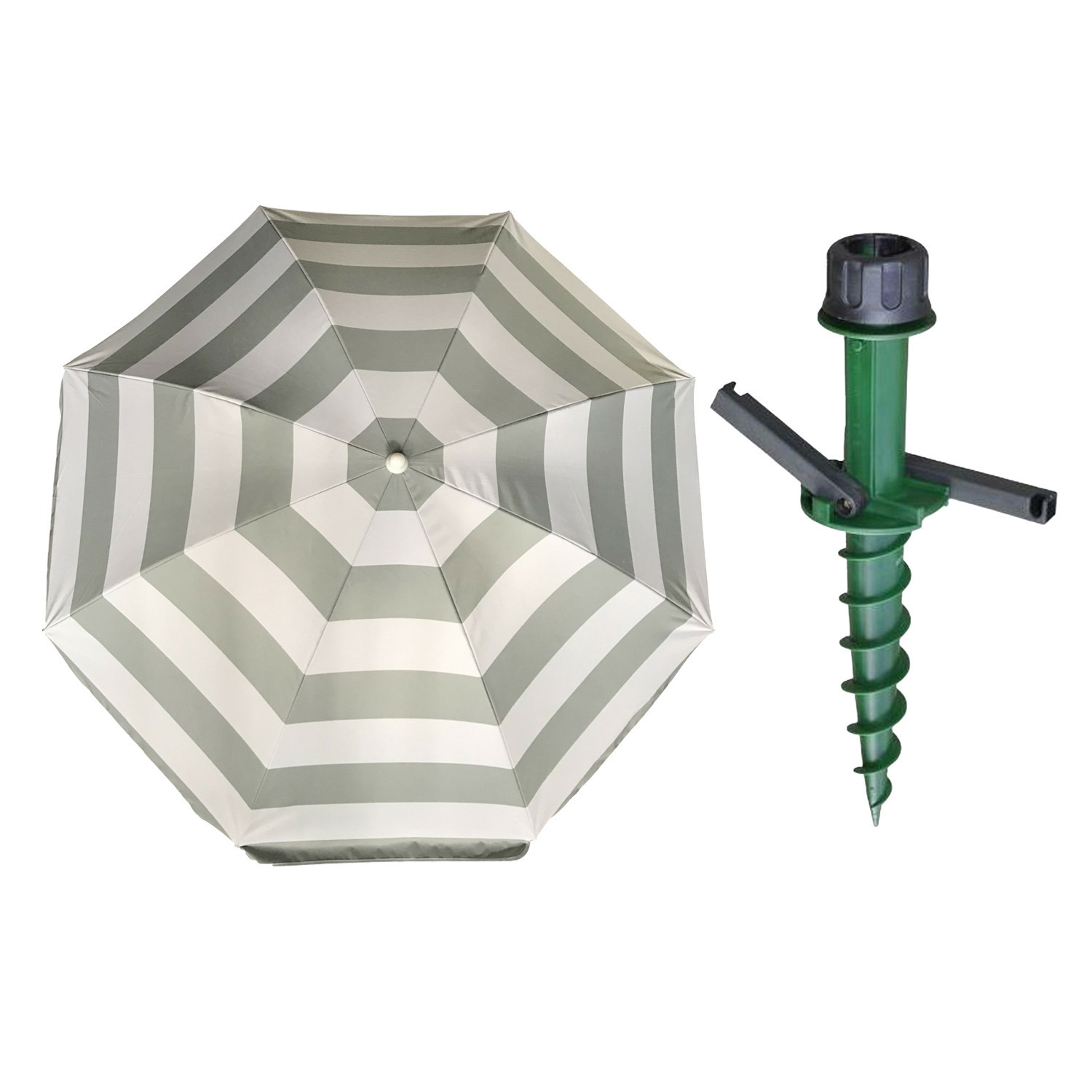 Merkloos Parasol met dikke grondharing - zilver/wit gestreept - polyester - Dia 180 cm - voor het strand -