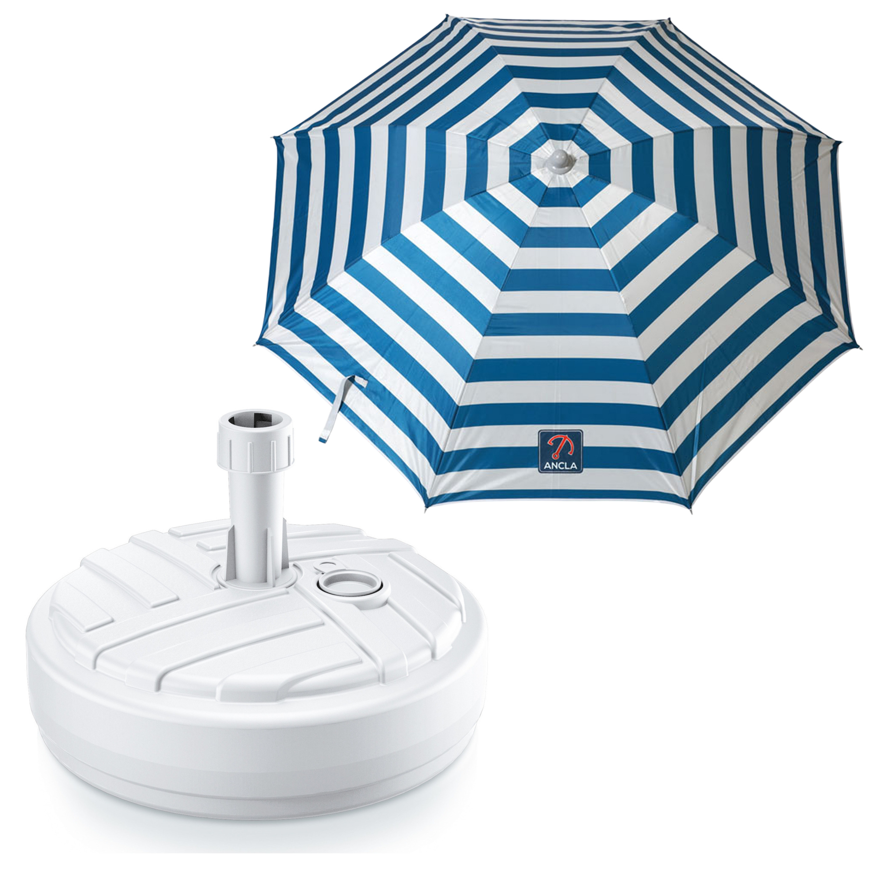 Merkloos Tuin parasol met voet van 10 liter - blauw/wit strepen - polyester/kunststof - Dia 199 cm -
