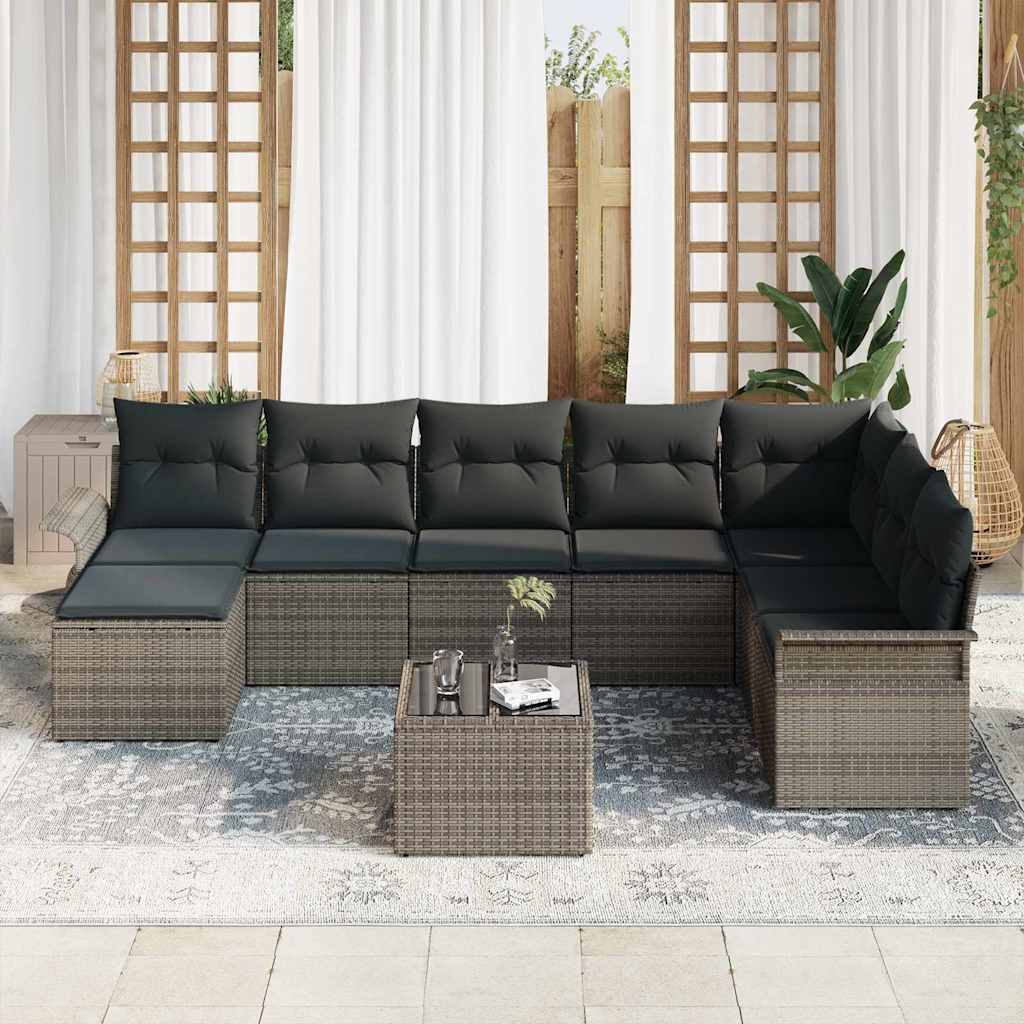 vidaXL 9-delige tuinsofa set met kussens in grijs poly rattan