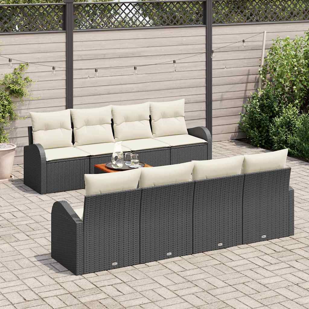 vidaXL 9-delige tuinbankstel met kussens, zwart poly riet en acacia