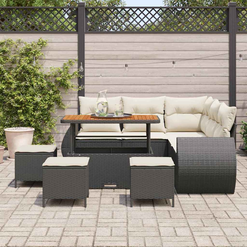 vidaXL 9-delige tuinset met kussen, zwarte poly rattan en acacia.