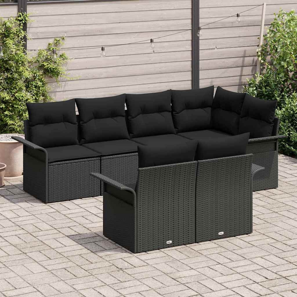 vidaXL 7-delige Tuinbankenset met kussens poly rattan zwart