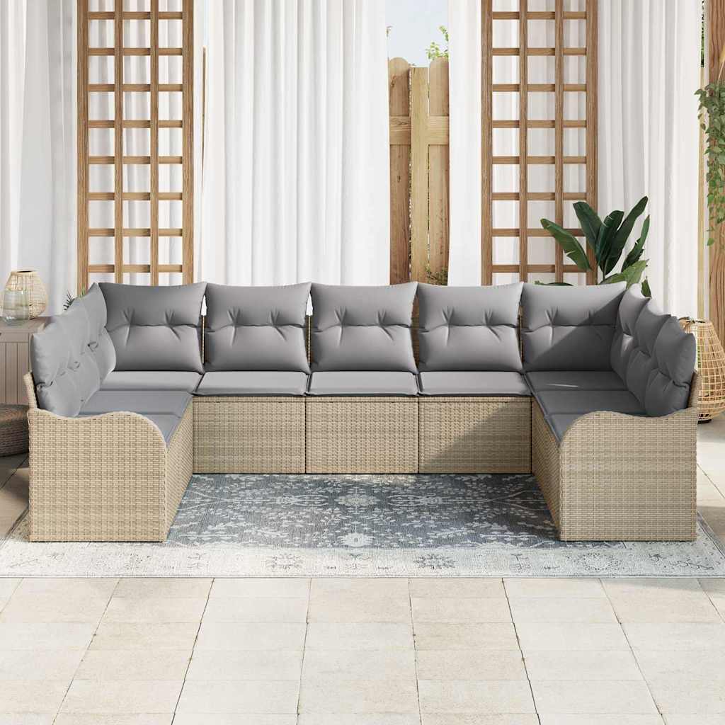 vidaXL 9-delige tuinset met kussens in beige poly rattan