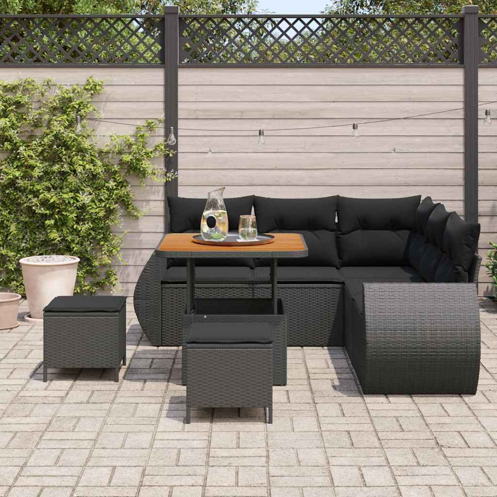 vidaXL 8-Delige Tuinset Met Kussens - Zwart Poly Rattan En Acacia