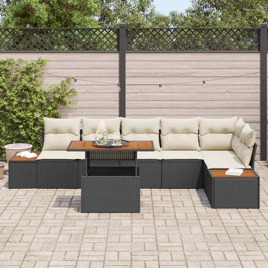 vidaXL 7-delige tuinset met kussens Zwart Poly Rattan