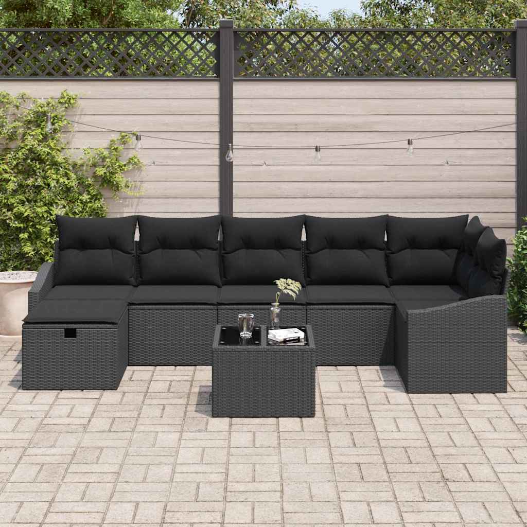 vidaXL 8-delige tuinset met kussens zwart poly rattan
