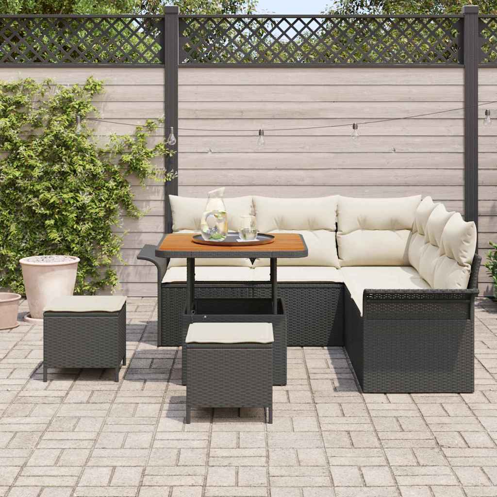 vidaXL 8-delige tuinbankset met kussens in zwart poly riet en acacia.
