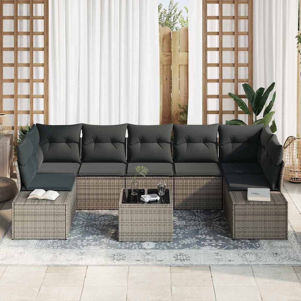 vidaXL 8-delige tuinbankset met kussens Grijs Poly Rattan