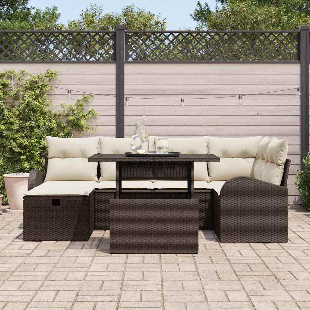 vidaXL 7-delige tuinbankset met kussens bruin poly rattan