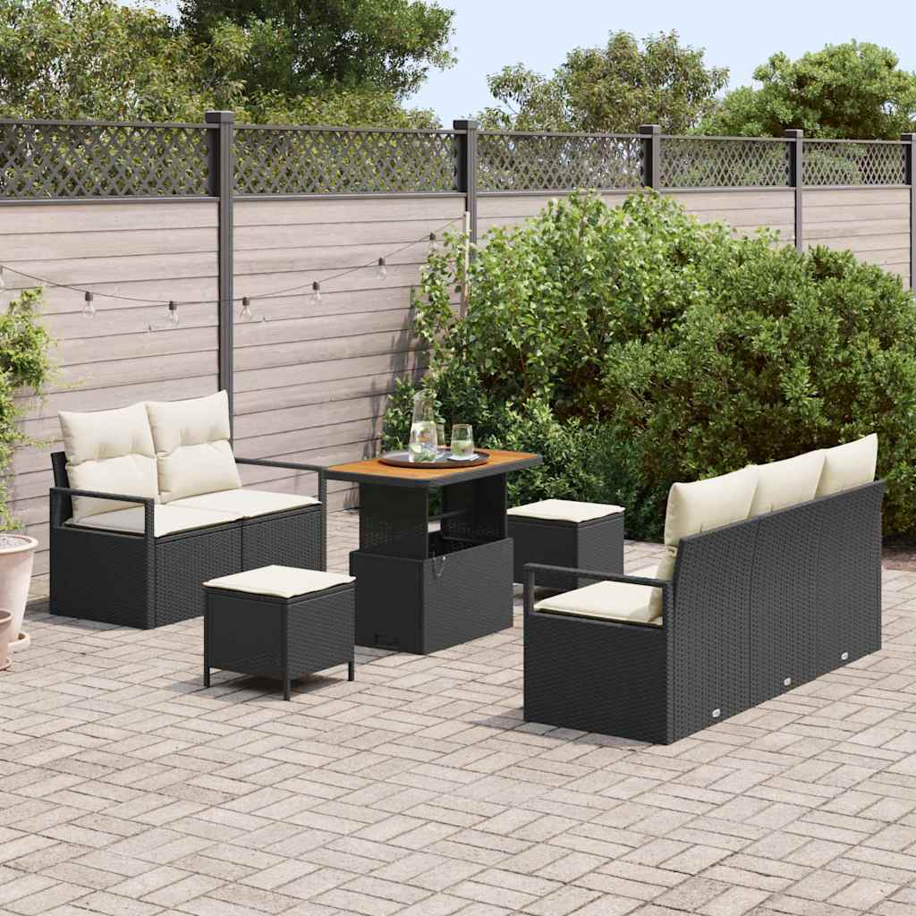 vidaXL 8-delige tuinset met kussens in zwart poly rattan en acaciahout