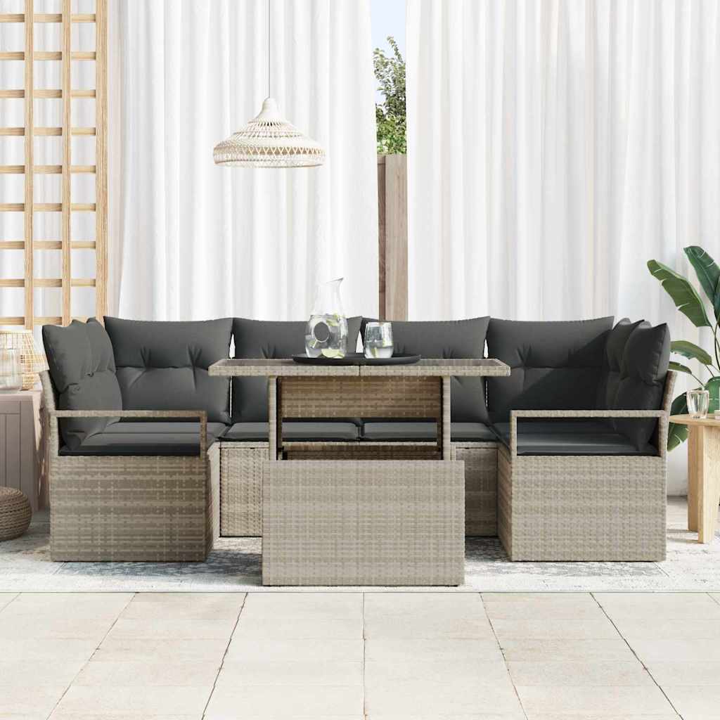 vidaXL 7-delige Tuinbankenset met kussens poly rattan lichtgrijs
