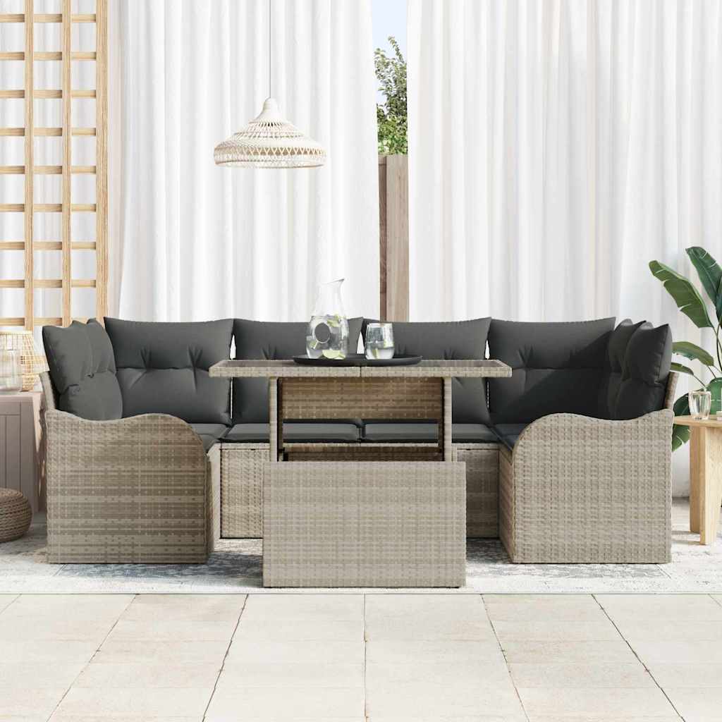 vidaXL 7-delige tuinset met kussens in lichtgrijs van poly rattan