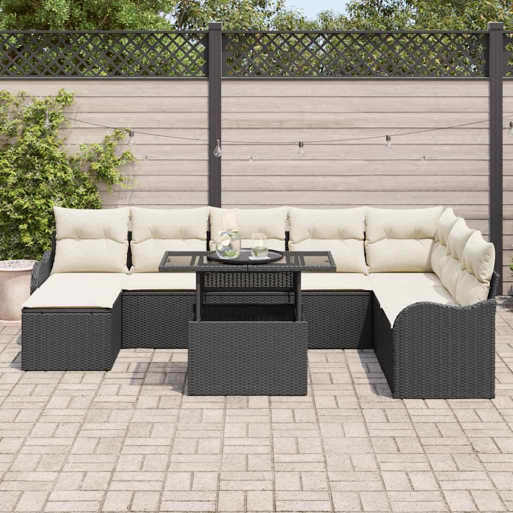 vidaXL 9-delige tuinbankset met kussens in zwart poly rattan