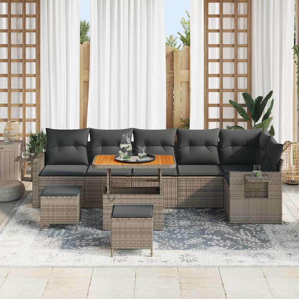 vidaXL 9-delig tuinbankstel met kussens grijs poly rattan acacia