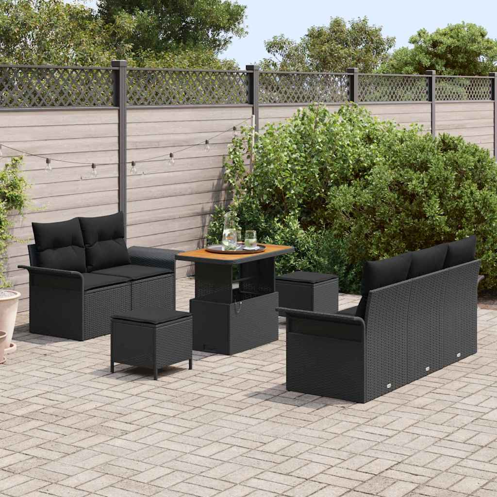 vidaXL 8-delige tuinset met kussens, zwart poly rattan en acacia hout.