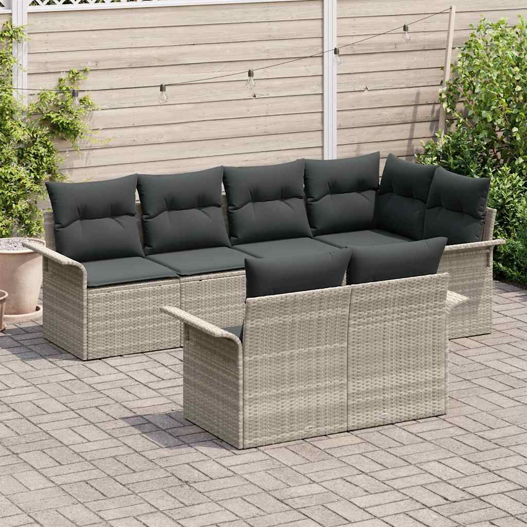 vidaXL 7-delige Tuinbankenset met kussens poly rattan lichtgrijs