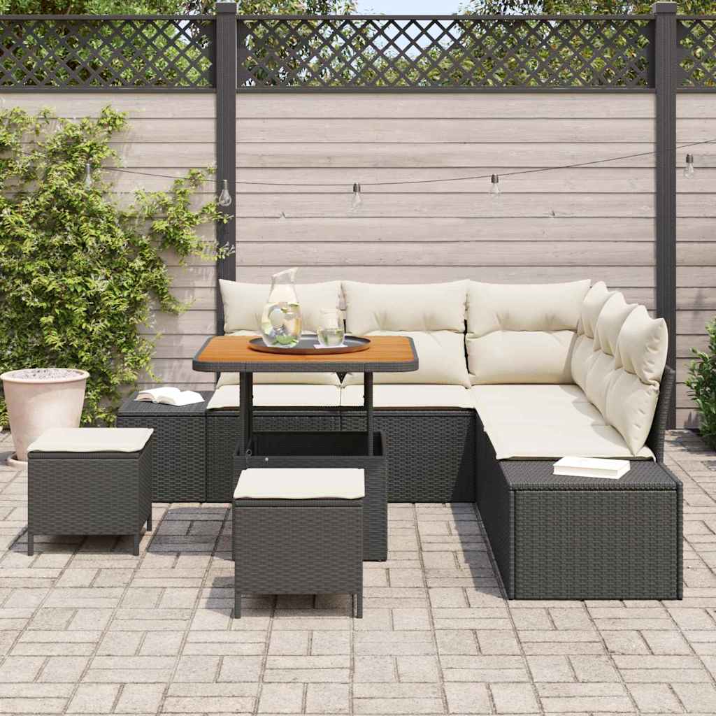 vidaXL 8-delige tuinset met kussens van zwart poly-riet en acacia.