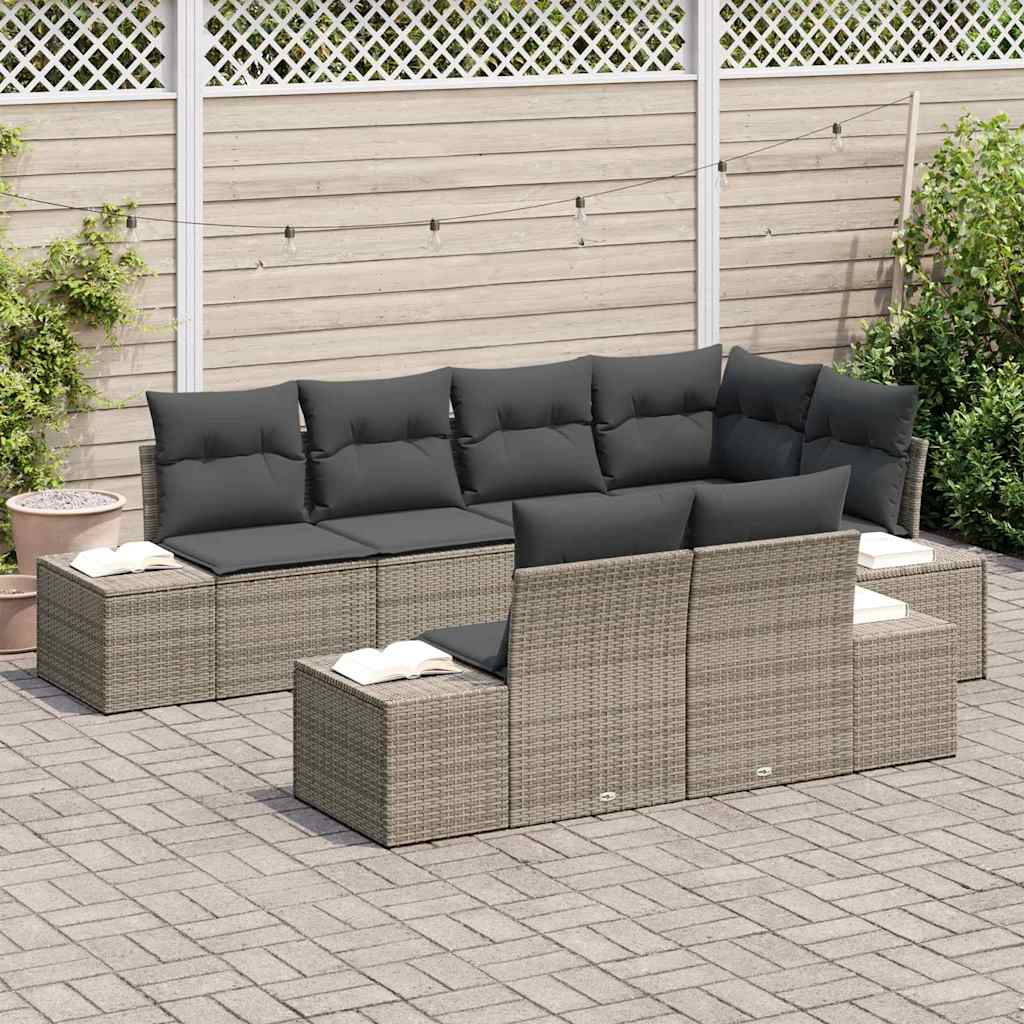 vidaXL 7-delige Tuinbankenset met kussens poly rattan grijs