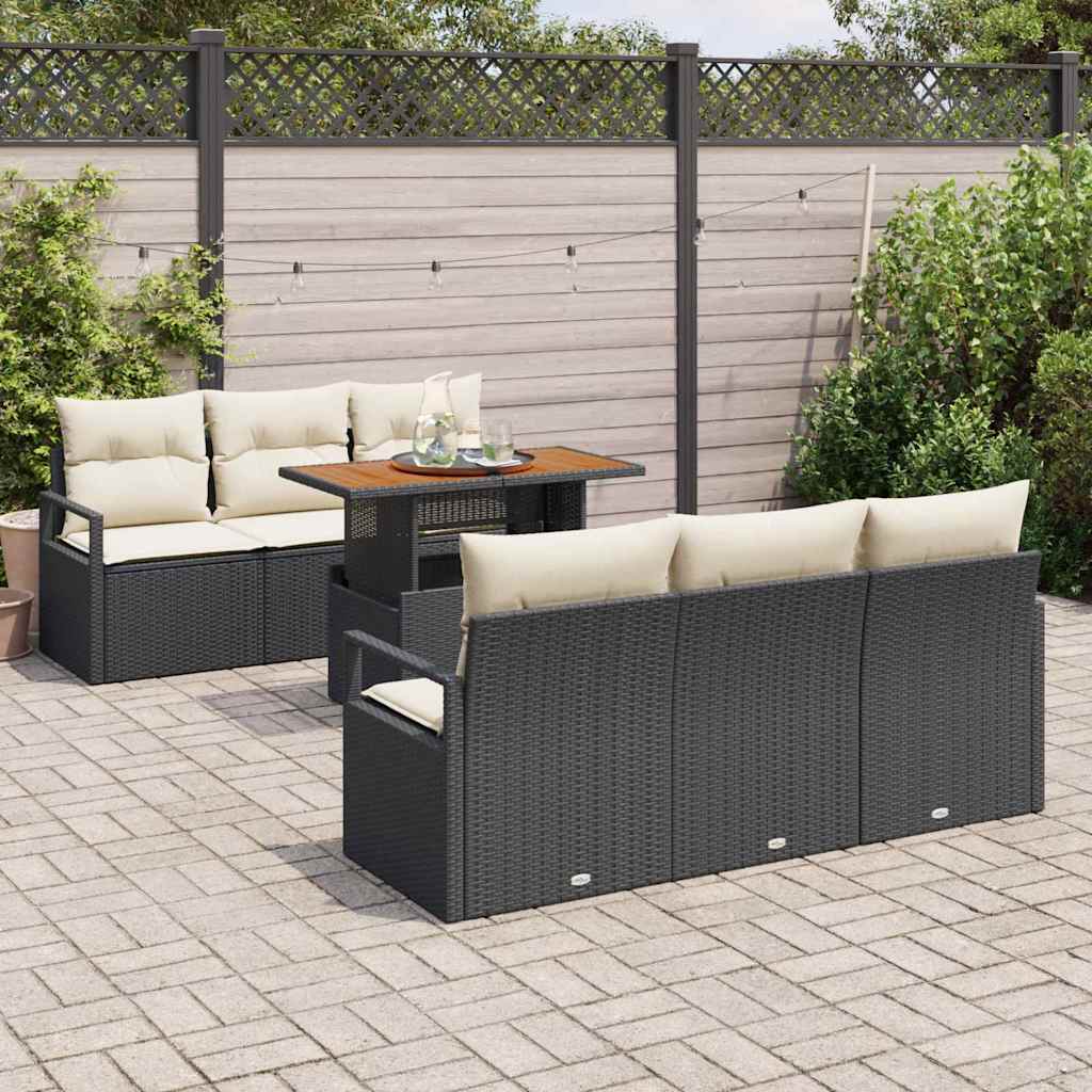 vidaXL 7 Delige Tuinbank Set met Kussens - Zwart Poly Riet