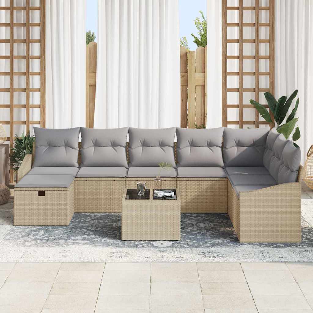 vidaXL 9-delige tuinsofa set met beige poly rattan kussens.
