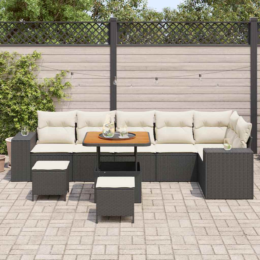 vidaXL 9-delige tuinbankset met kussens, zwart van poly rattan en acacia.