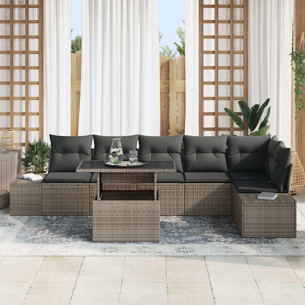 vidaXL 7-delige Tuinset met Grijze Kussens van Poly Rattan