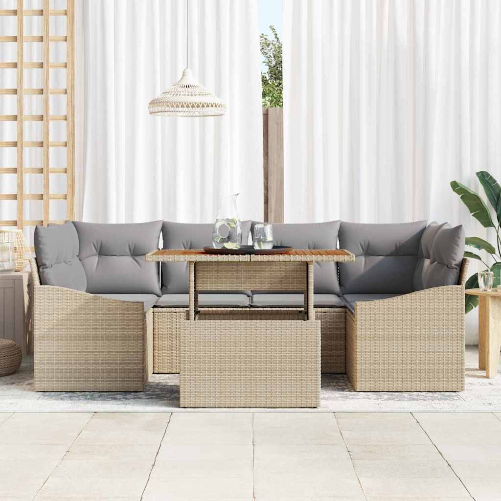 vidaXL 7-delige tuinset met kussens in beige poly rattan