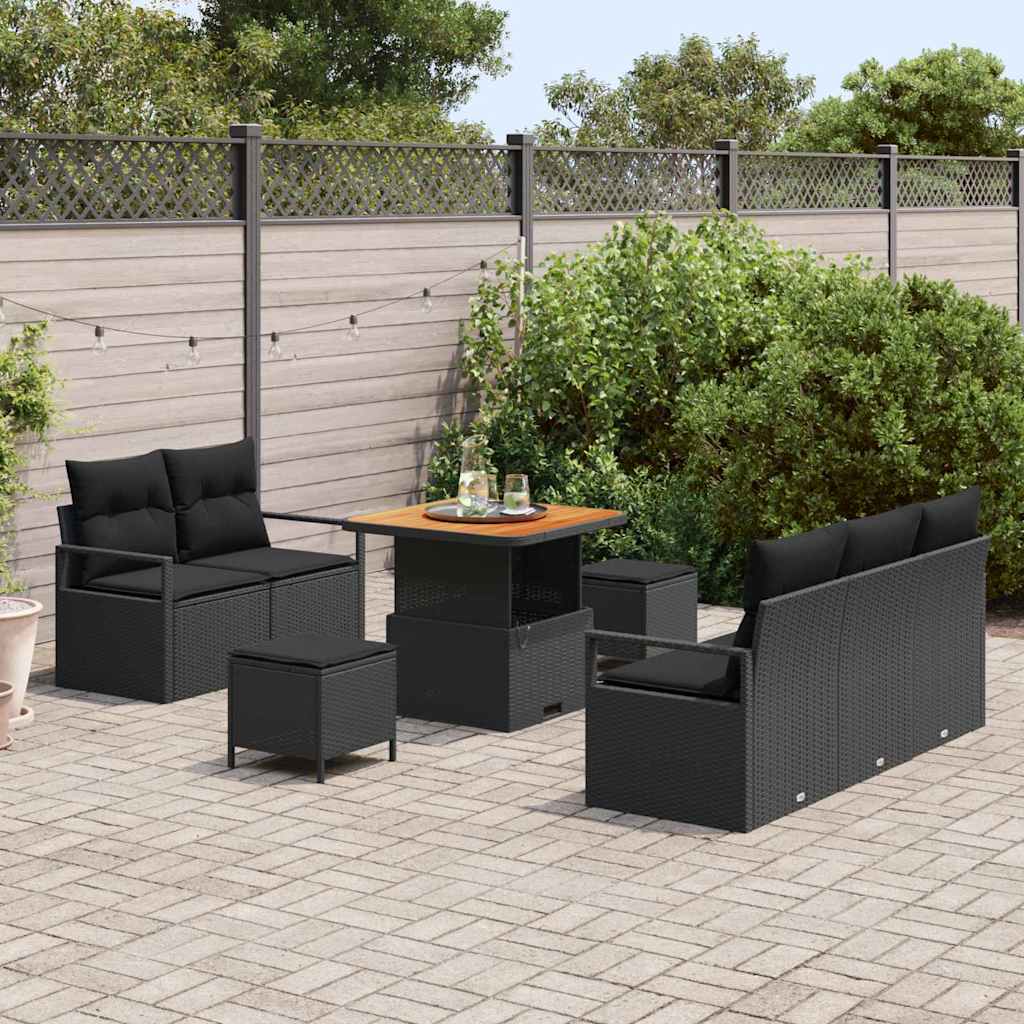 vidaXL 8-delige tuinsofa set met kussens in zwart poly rattan en acacia