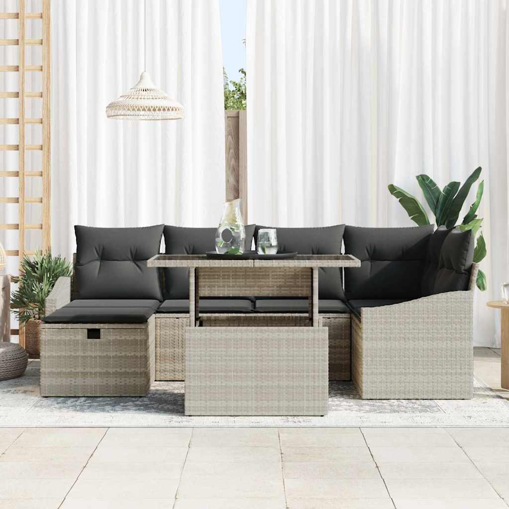 vidaXL 7-delige tuinset met kussens in lichtgrijs poly rattan