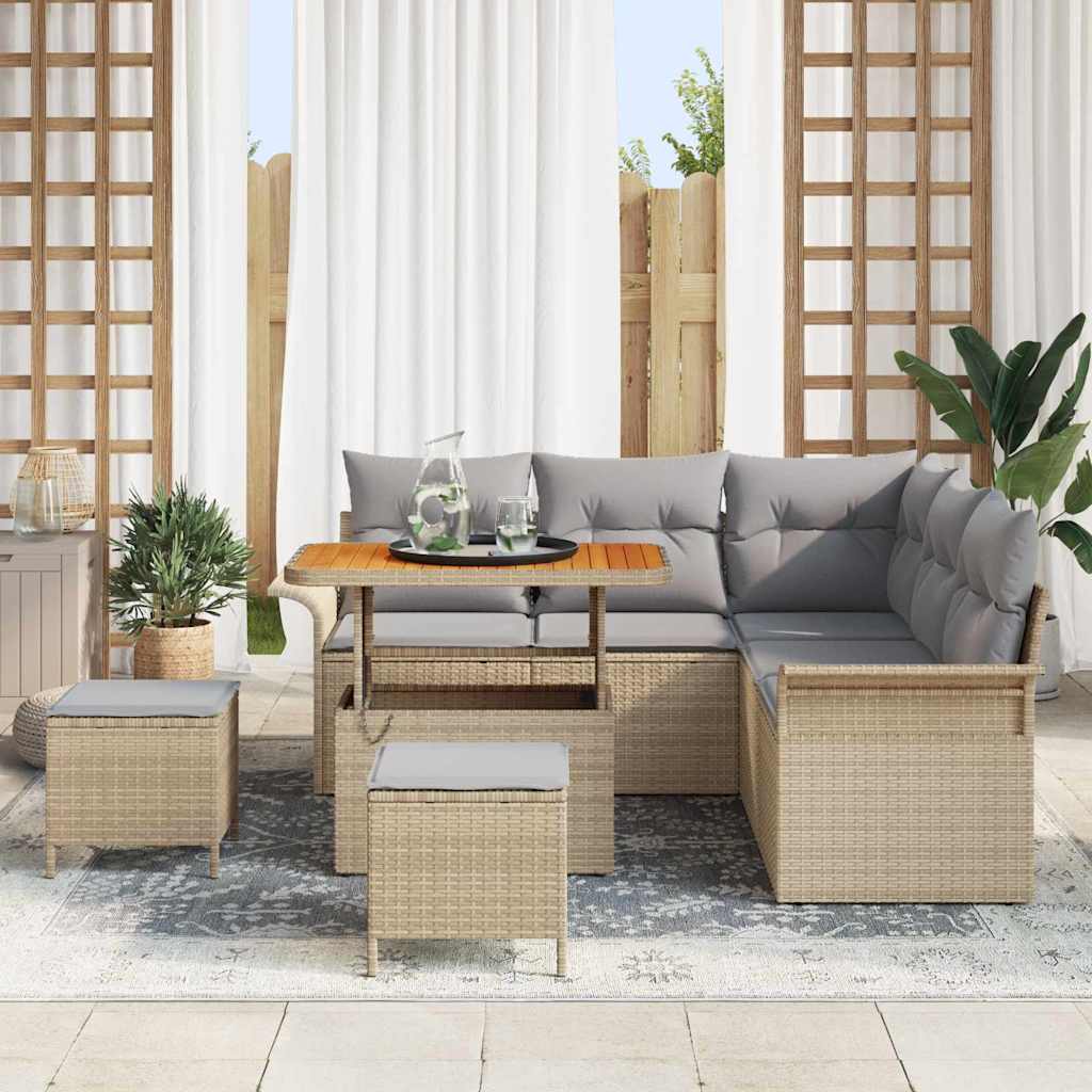 vidaXL 8-delige tuinset met kussens in beige poly rattan en acacia