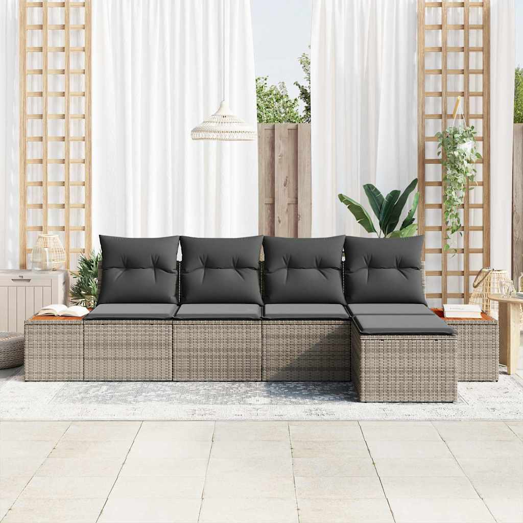 vidaXL 5-delige Tuin Sofa Set met Kussens in Grijs van Poly Riet en Acacia