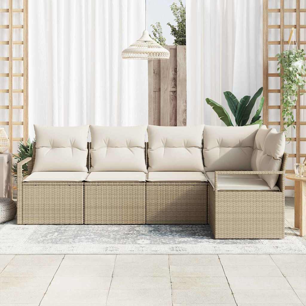 vidaXL 5-delige tuinset met kussens in beige van poly rattan