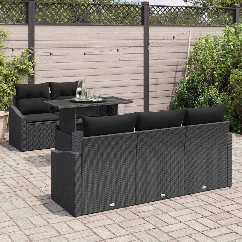 vidaXL 6-delige tuinbankset met kussens, van zwart poly riet