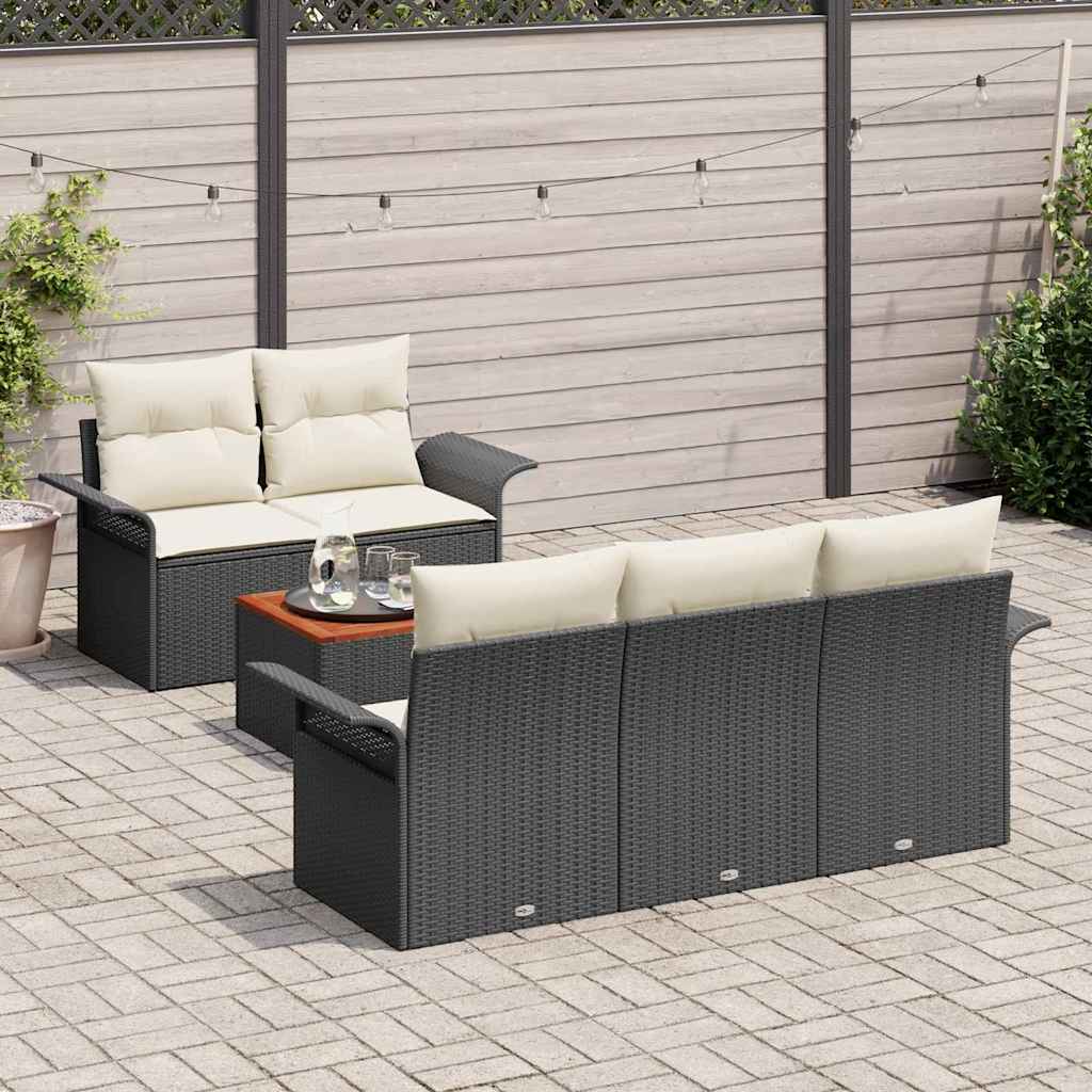 vidaXL 6-delige tuinbankset met kussens in zwart van poly rattan en acacia
