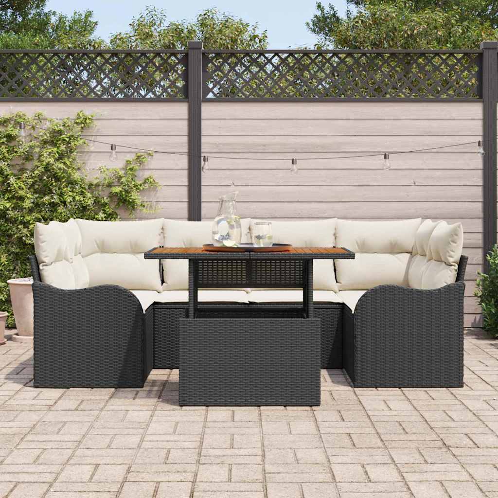 vidaXL 7-delige tuinset met kussens, zwart poly rattan en acacia