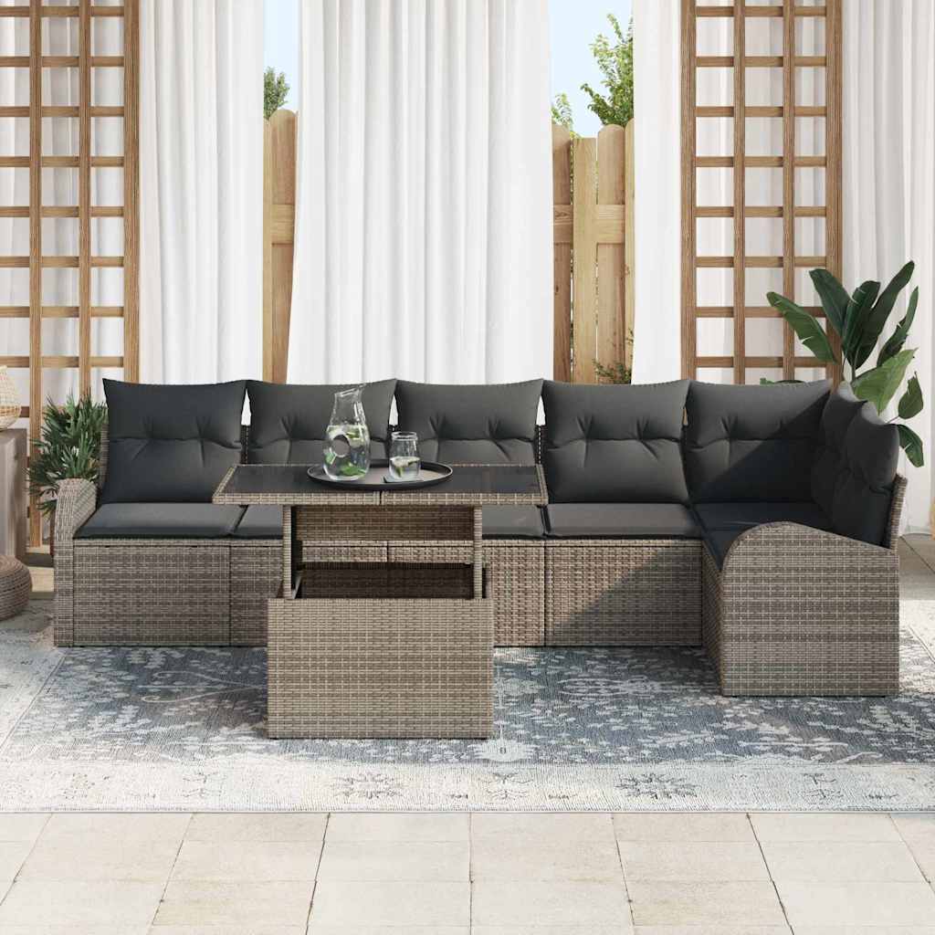 vidaXL 7-delige tuinset met kussens in grijs poly rattan
