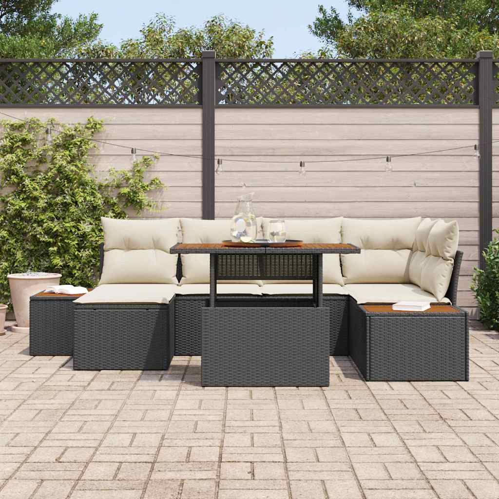 vidaXL 7-delige tuin eetset met kussens, zwart poly rattan en acacia