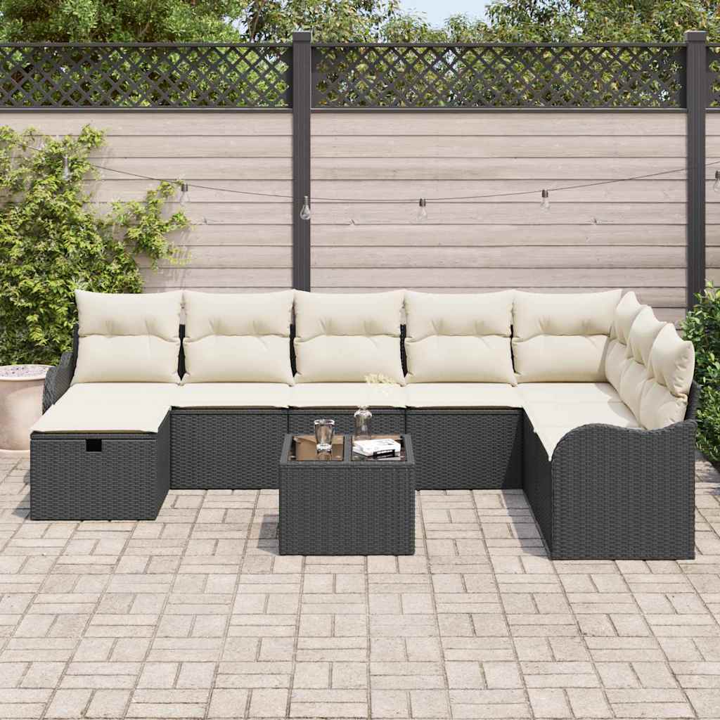 vidaXL 9-delige Tuinbankenset met kussens poly rattan zwart