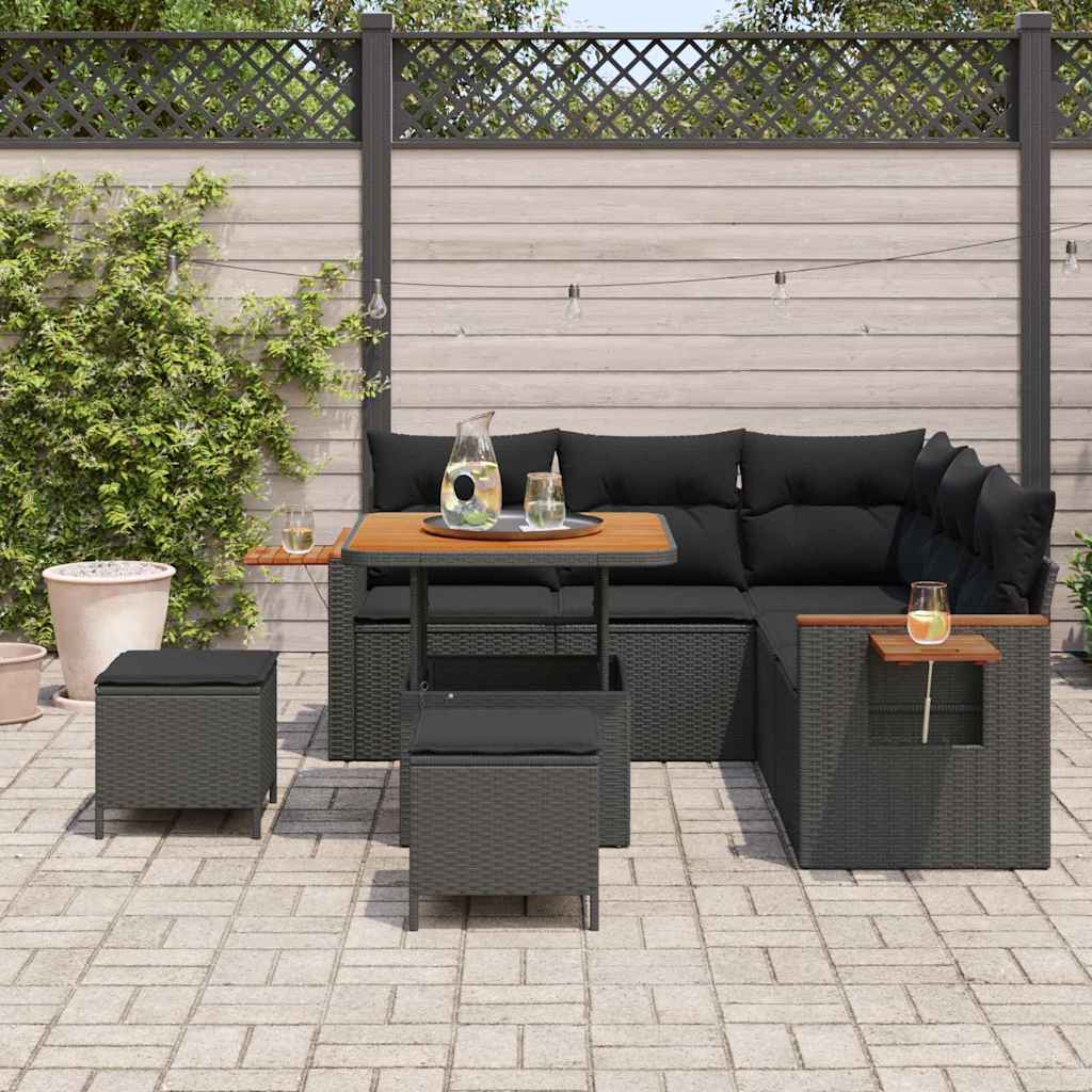 vidaXL 8-delige tuinsofa set met kussens in zwart poly rattan en acacia