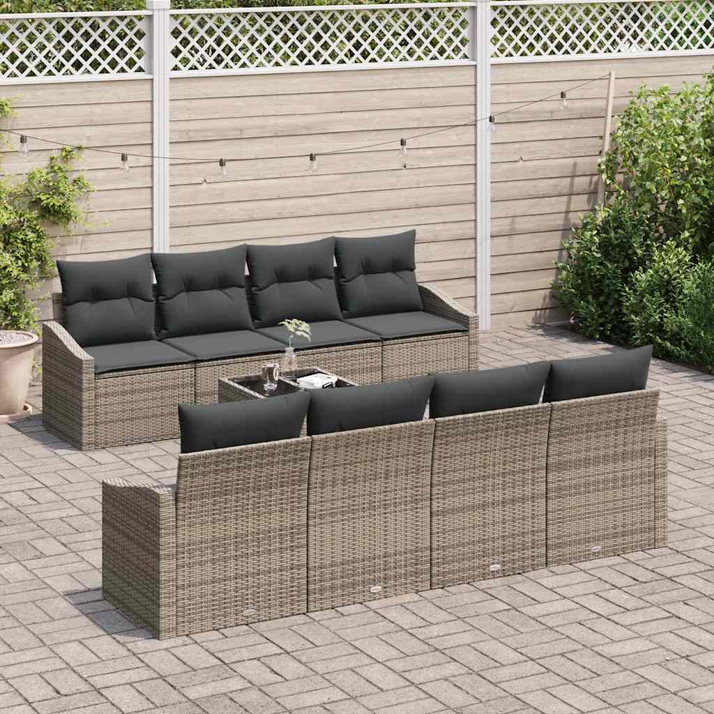 vidaXL 9-delige tuinset met kussens in grijs poly rattan