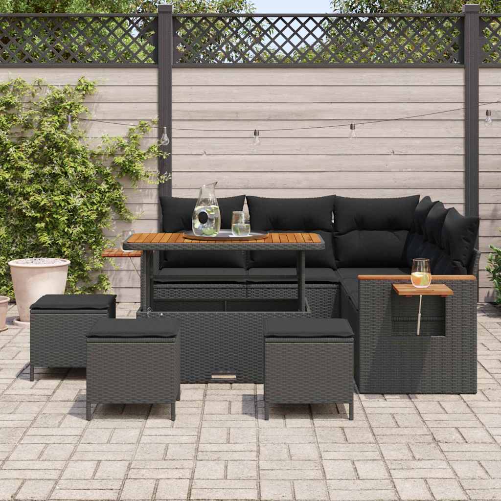 vidaXL 9-delige tuinbankset met kussens zwart poly rattan acacia