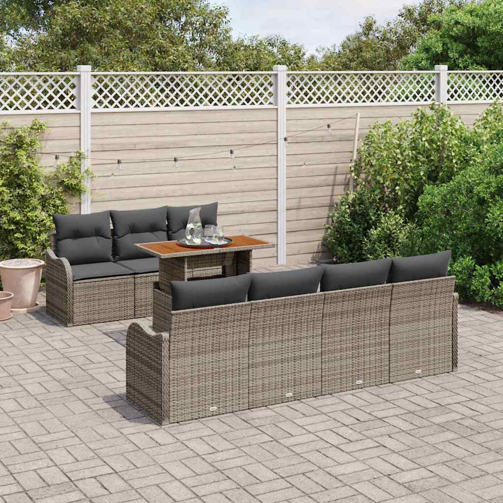 vidaXL 8-delige tuinbankset met kussens in grijs poly rattan en acacia.